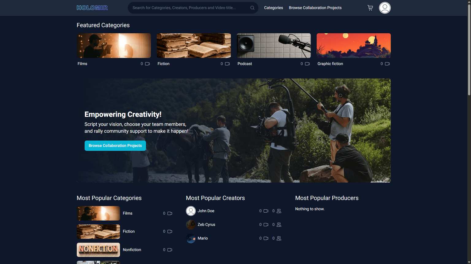 Holomir creator platform homepage with featured categories and collaboration projects