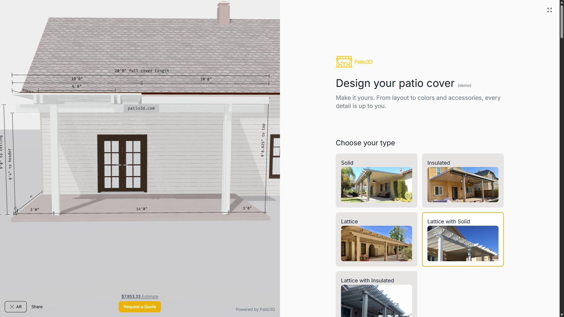 Patio3D's production configurator, with a live patio design on the left and product choices on the right